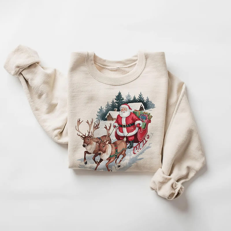 Retro Santa Claus And Reindeer Christmas Print Long Sleeve Sweatshirt - Apricot - 5XL - image 2