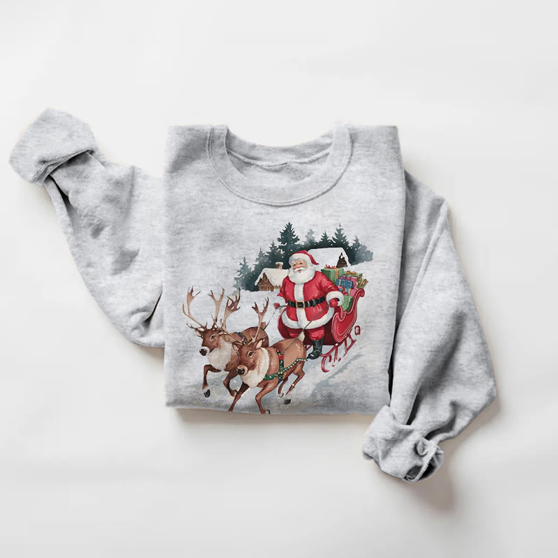 Retro Santa Claus And Reindeer Christmas Print Long Sleeve Sweatshirt - Grey - 5XL - image 1