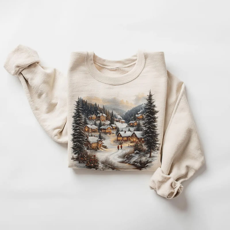 Vintage Christmas Winter Village And Mountain Pine Pattern Print Long Sleeve Sweatshirt - Apricot - 5XL - image 2