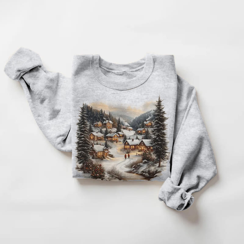 Vintage Christmas Winter Village And Mountain Pine Pattern Print Long Sleeve Sweatshirt - Grey - 5XL - image 1