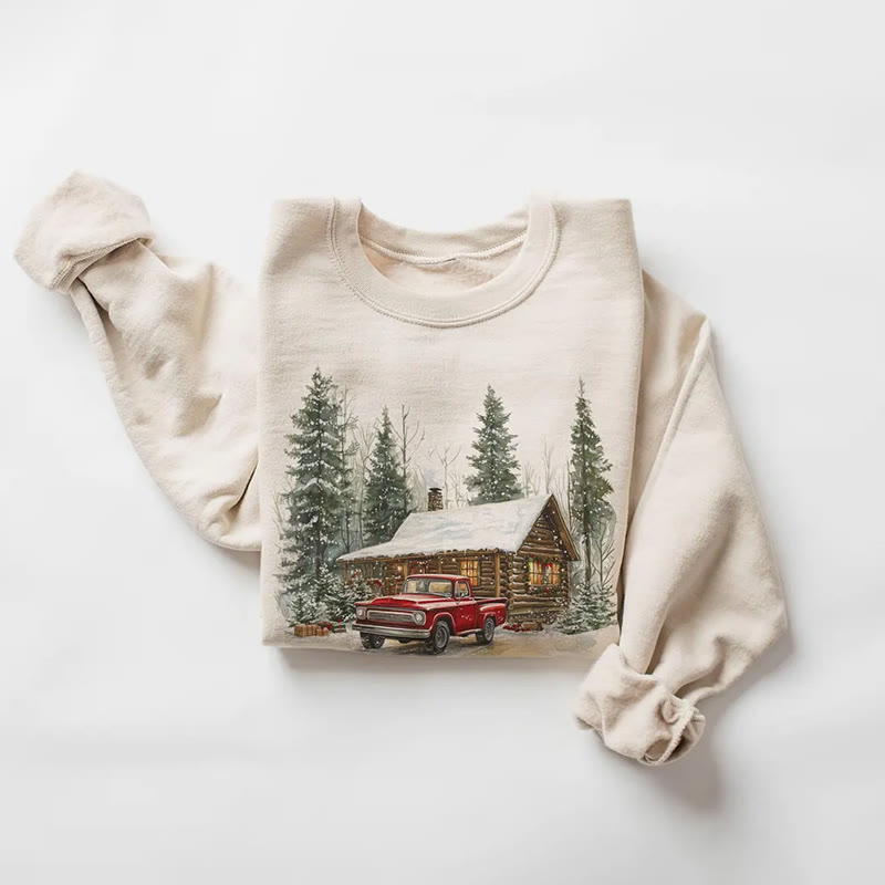 Retro Christmas Red Pickup Truck and Cedar Print Long Sleeve Sweatshirt - Apricot - 5XL - image 2