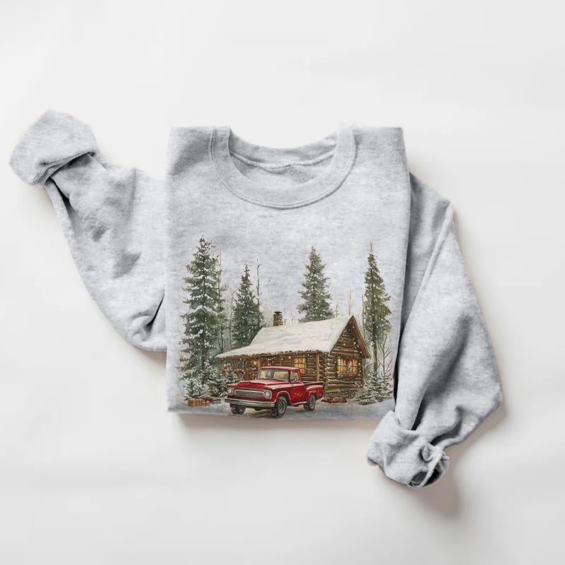 Retro Christmas Red Pickup Truck and Cedar Print Long Sleeve Sweatshirt - Grey - 5XL - image 1