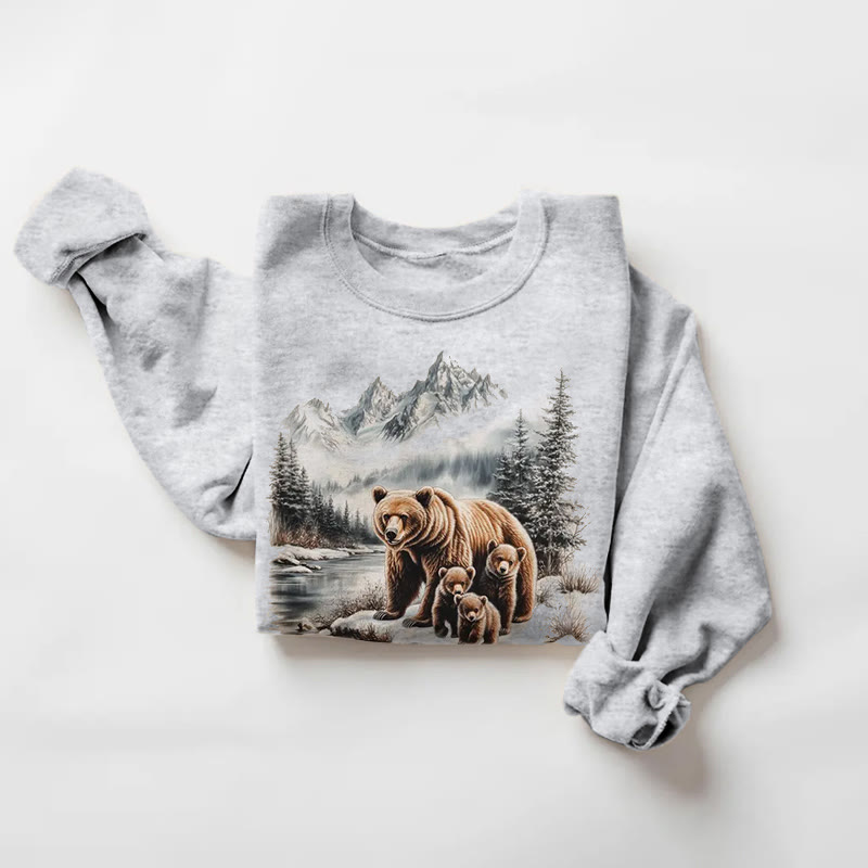 Retro Grizzly Bear Mother and Three Cubs Mountain Landscape Print Long Sleeve Sweatshirt - Grey - 5XL - image 1