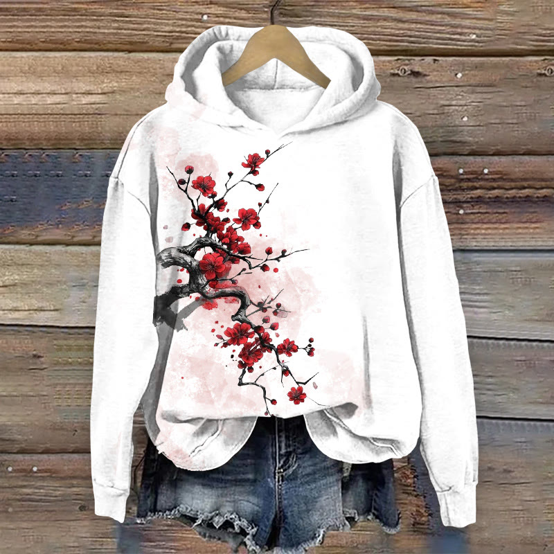 Japanese Plum Blossom Art Pattern Print Long Sleeve Hoodie - White - 8XL - image 1