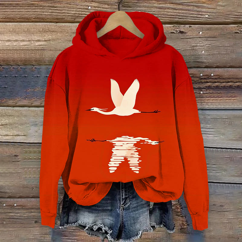 Japanese Style Crane Print Long Sleeved Hoodie - Red - 8XL - image 1