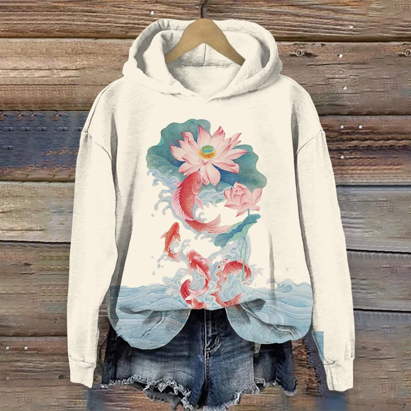 Japanese Style Koi And Lotus Print Long-Sleeved Hoodie - Apricot - 8XL - image 1