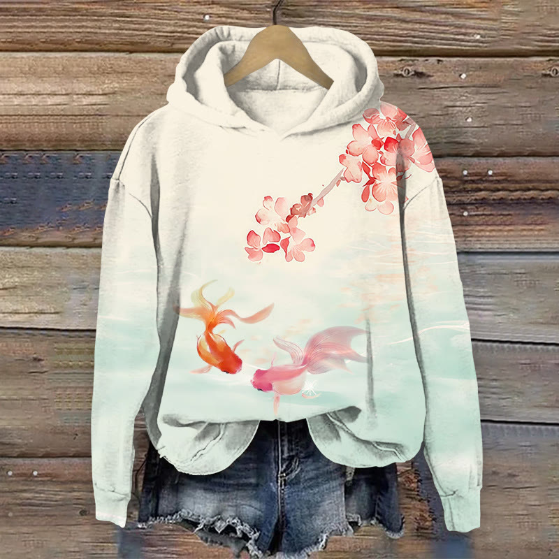 Japanese Style Koi And Floral Art Patterns  Print Long Sleeved Hoodie - Apricot - 8XL - image 1
