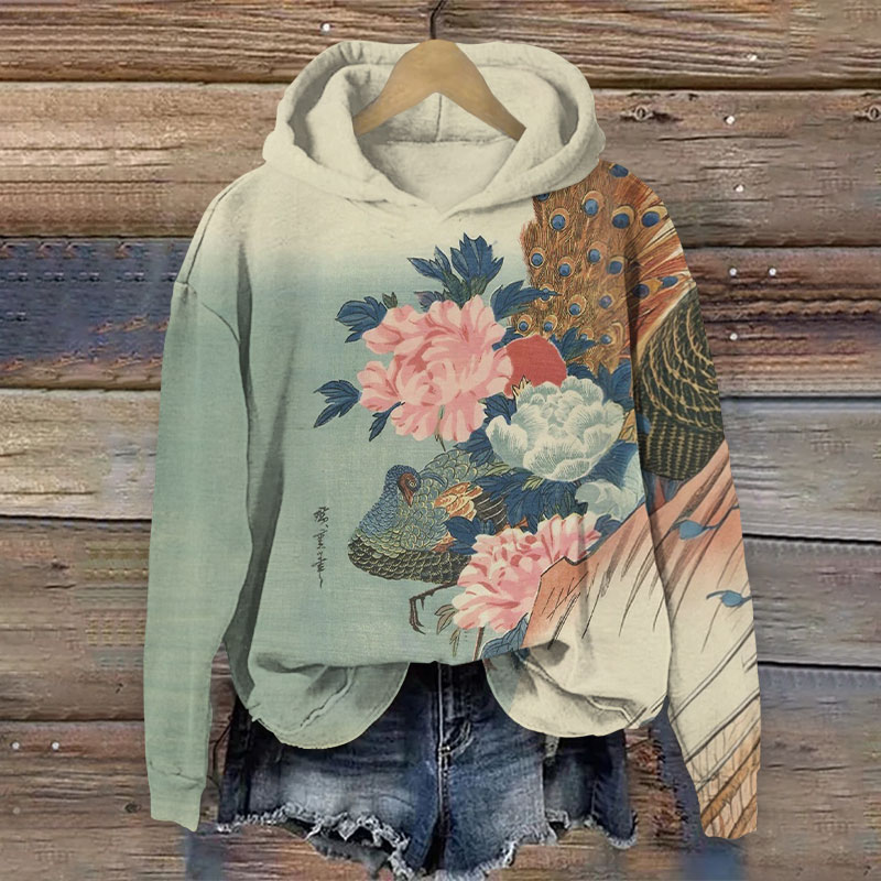 Japanese Vintage Peacock Full Of Flowers Print Long-sleeved Hoodie - Green - 8XL - image 1