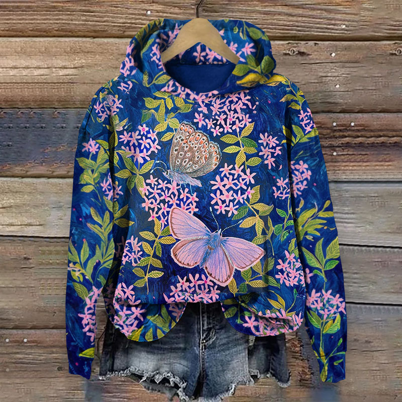 Oil Painting Fantasy Purple Floral & Butterfly Print Long-sleeved Hoodie - Blue - 8XL - image 1