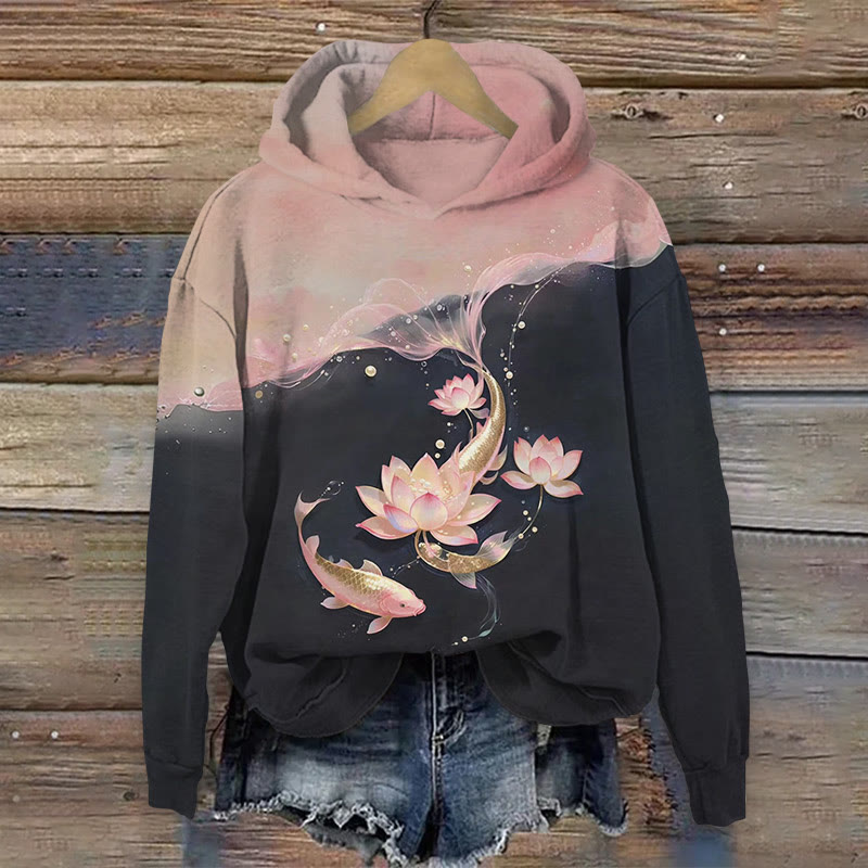Japanese-Style Lotus And Koi Color Block Print Long Sleeved Hoodie - Black - 8XL - image 1
