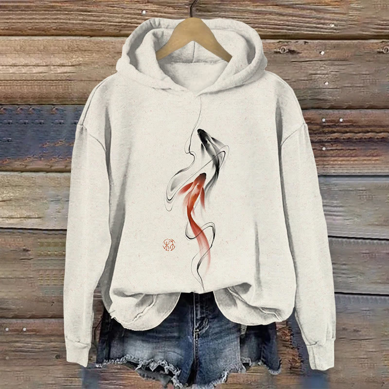 Japanese Koi Print Long Sleeved Hoodie - Light Gray - 8XL - image 1
