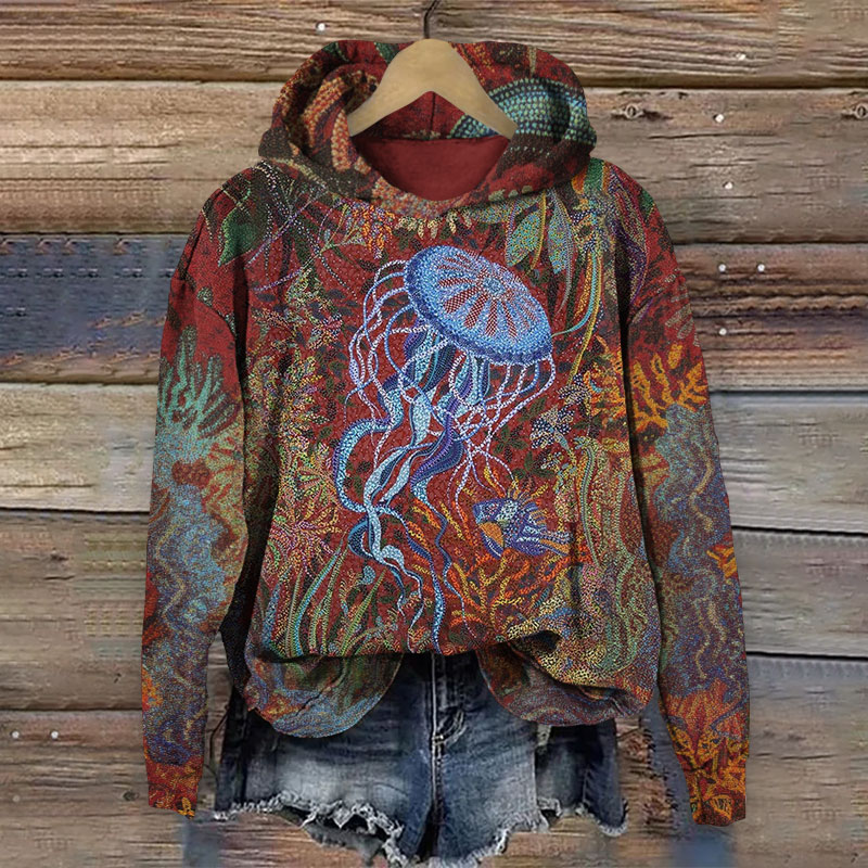 Retro Ethnic Abstract Jellyfish Pattern Print Long-sleeved Hoodie - Red - 8XL - image 1