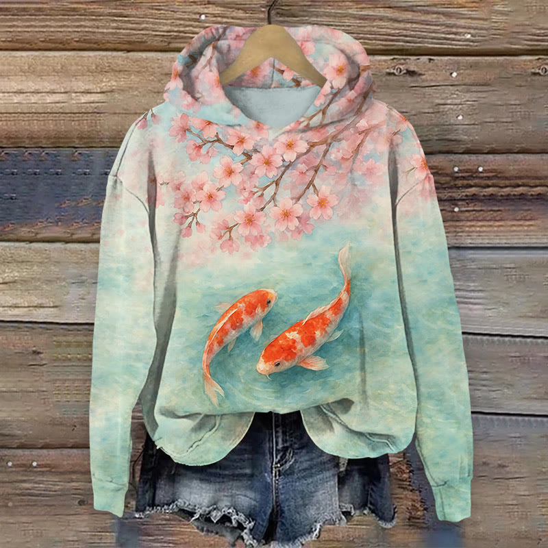 Retro Plum Blossom and Koi Print Long Sleeved Hoodie - Green - 8XL - image 1