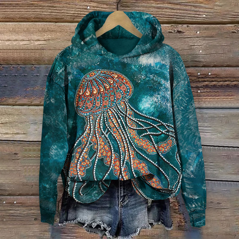 Vintage Unique Ethnic Jellyfish Print Long-sleeved Hoodie - Green - 8XL - image 1