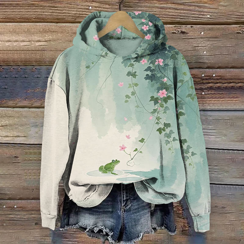 Vintage Frog In The Pond Watching Flowers Art Print Long Sleeve Hoodie - Green - US44-46(8XL) - image 1