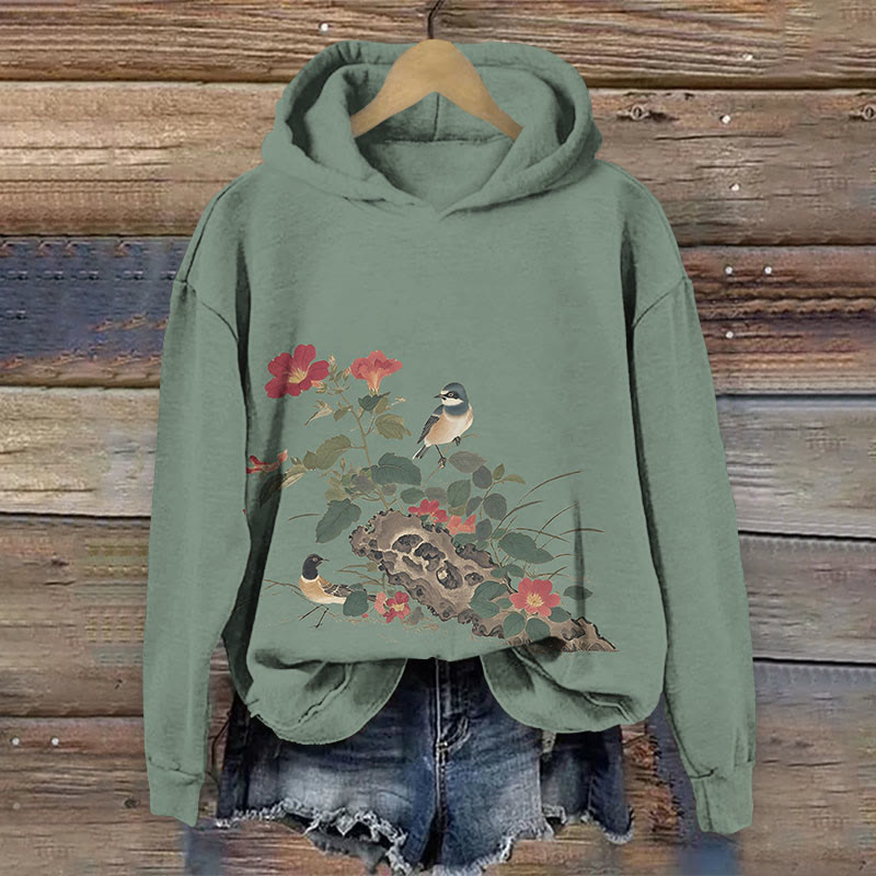 Japanese Vintage Birds & Blossom Art Print Long Sleeve Hoodie - Green - US44-46(8XL) - image 2