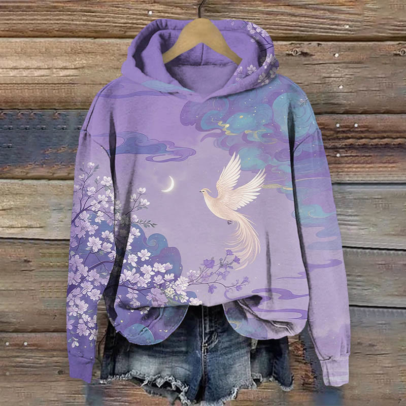 Romantic Floral & White Phoenix Art Print Long Sleeve Hoodie - Purple - US44-46(8XL) - image 1