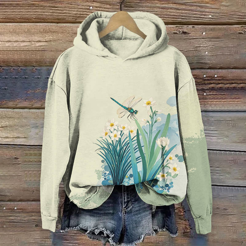 Spring Watercolor Daffodils & Dragonfly Art Print Long Sleeve Hoodie - Light Green - US44-46(8XL) - image 2