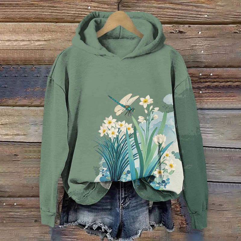 Spring Watercolor Daffodils & Dragonfly Art Print Long Sleeve Hoodie - Green - US44-46(8XL) - image 1