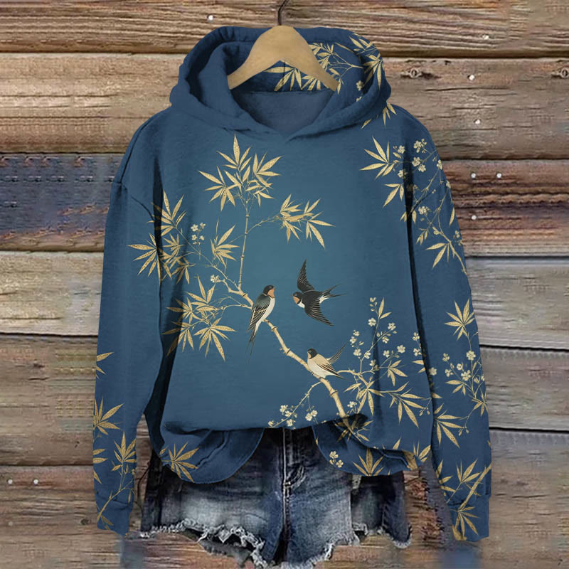 Japanese Vintage  Bamboo & Bird Pattern Art Print Long Sleeve Hoodie - Blue - US44-46(8XL) - image 1