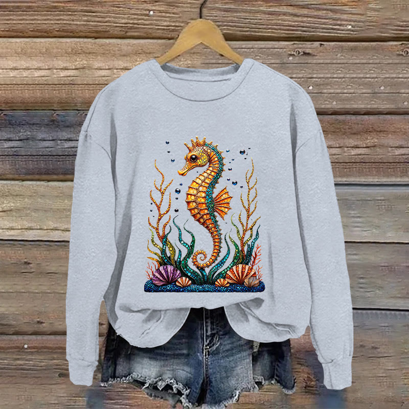 Seahorse And Coral Pattern Print Long Sleeve Sweatshirt - Grey - US16-18(2XL) - image 2