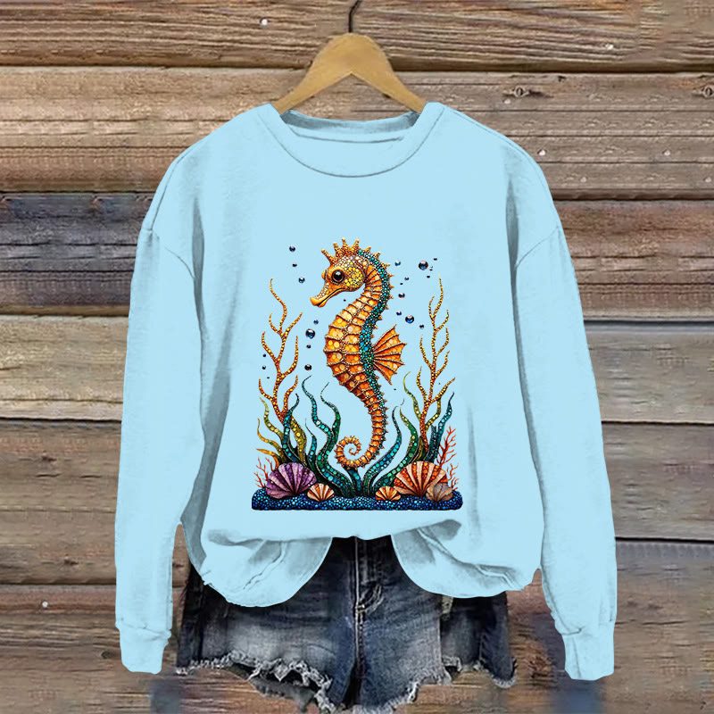 Seahorse And Coral Pattern Print Long Sleeve Sweatshirt - Light Blue - US16-18(2XL) - image 1