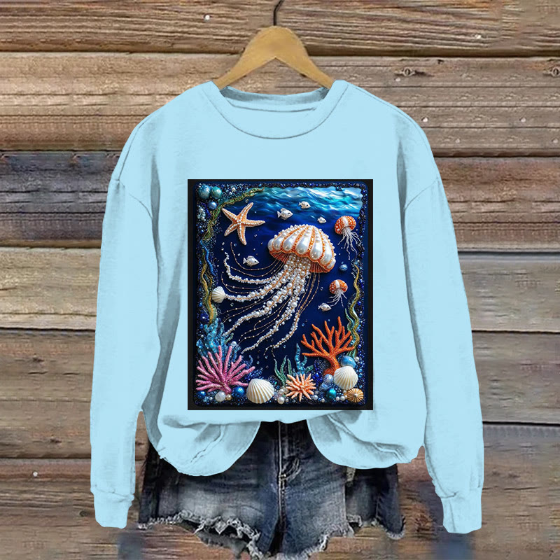 Jellyfish And Coral Jewelry Print Long Sleeved Sweatshirt - Light Blue - US16-18(2XL) - image 2