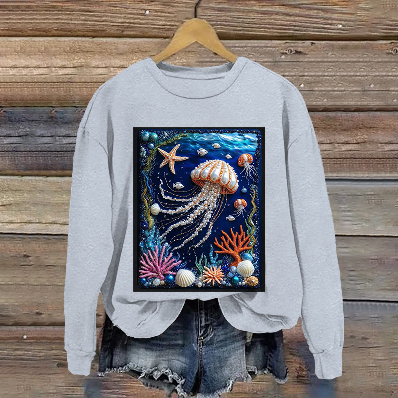 Jellyfish And Coral Jewelry Print Long Sleeved Sweatshirt - Grey - US16-18(2XL) - image 1