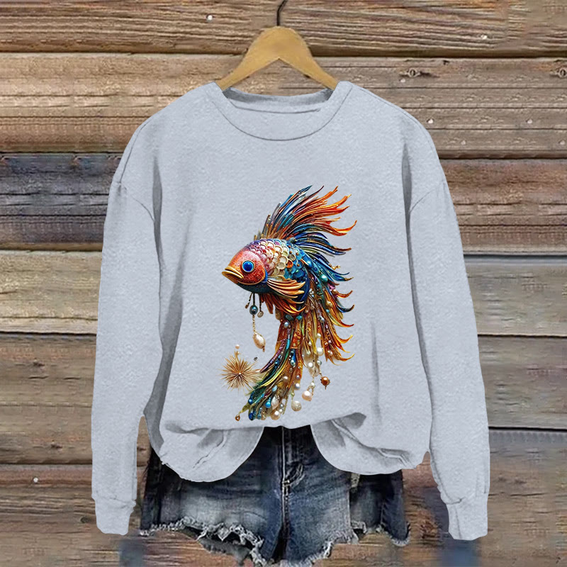 Colorful Underwater Whale Jewelry Print Long Sleeved Sweatshirt - Grey - US16-18(2XL) - image 1