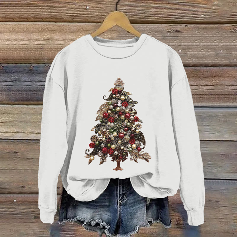 Christmas Tree Jewelry Print Long Sleeved Sweatshirt - White - US16-18(2XL) - image 1