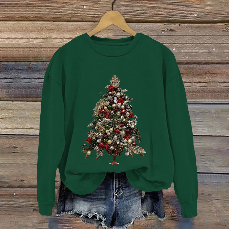 Christmas Tree Jewelry Print Long Sleeved Sweatshirt - Green - US16-18(2XL) - image 4
