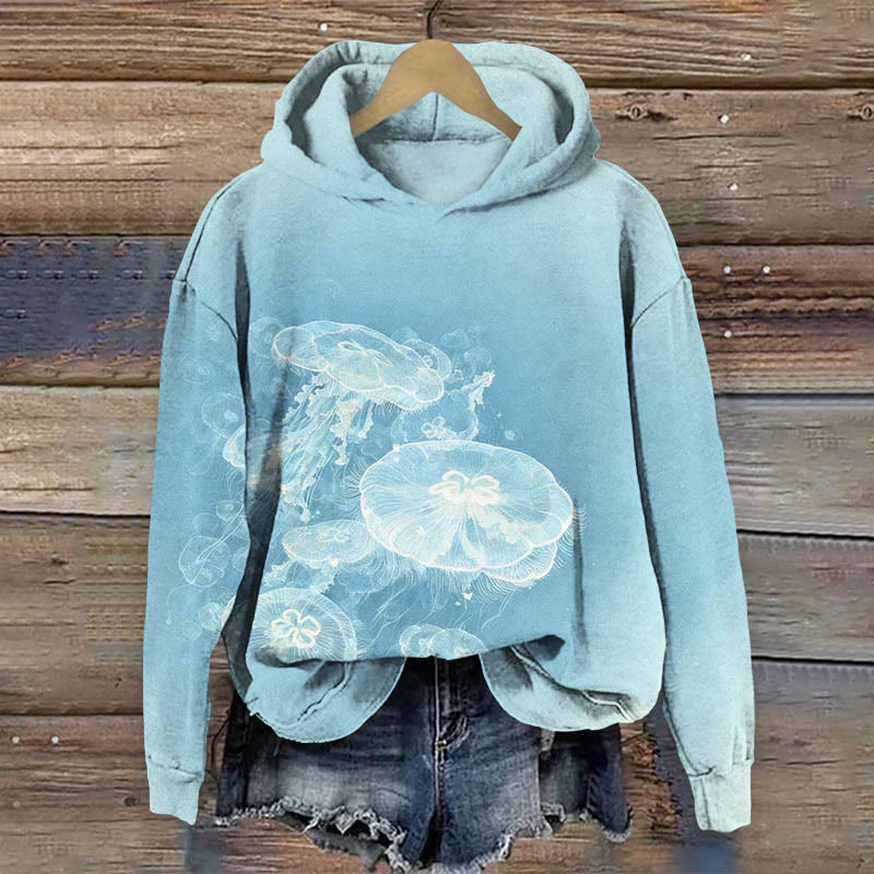 Vintage Blurry Transparent Jellyfish Art Print Long Sleeve Hoodie - Blue - US44-46(8XL) - image 1
