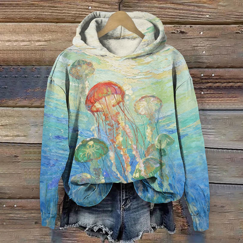 Oil Painting Colored Abstract Jellyfish Art Print Long Sleeve Hoodie - Blue - US44-46(8XL) - image 1