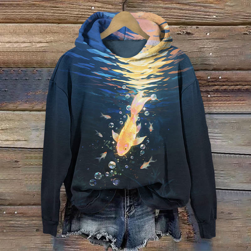 Fantasy Glowing Goldfish Art Print Long Sleeve Hoodie - Dark Blue - US44-46(8XL) - image 1
