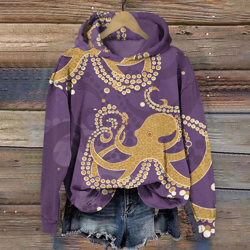 Funny Circle Pattern Octopus Art Print Long Sleeve Hoodie - Purple - US44-46(8XL) - image 1