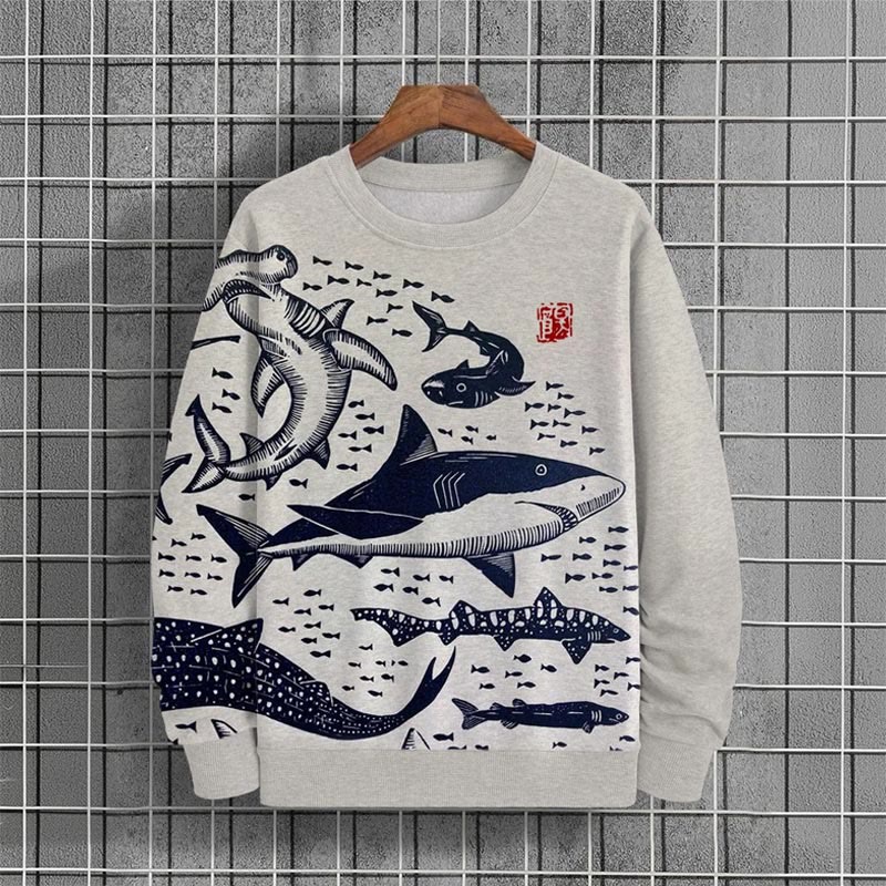 Men's Casual Ocean Whale Print Long Sleeve Sweatshirt - Dark Blue - 6XL - image 1