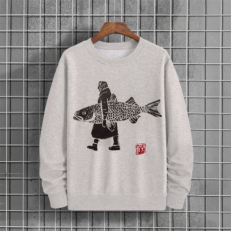 Men's Casual Retro Fish Print Long Sleeve Sweatshirt - Grey - 6XL - image 1
