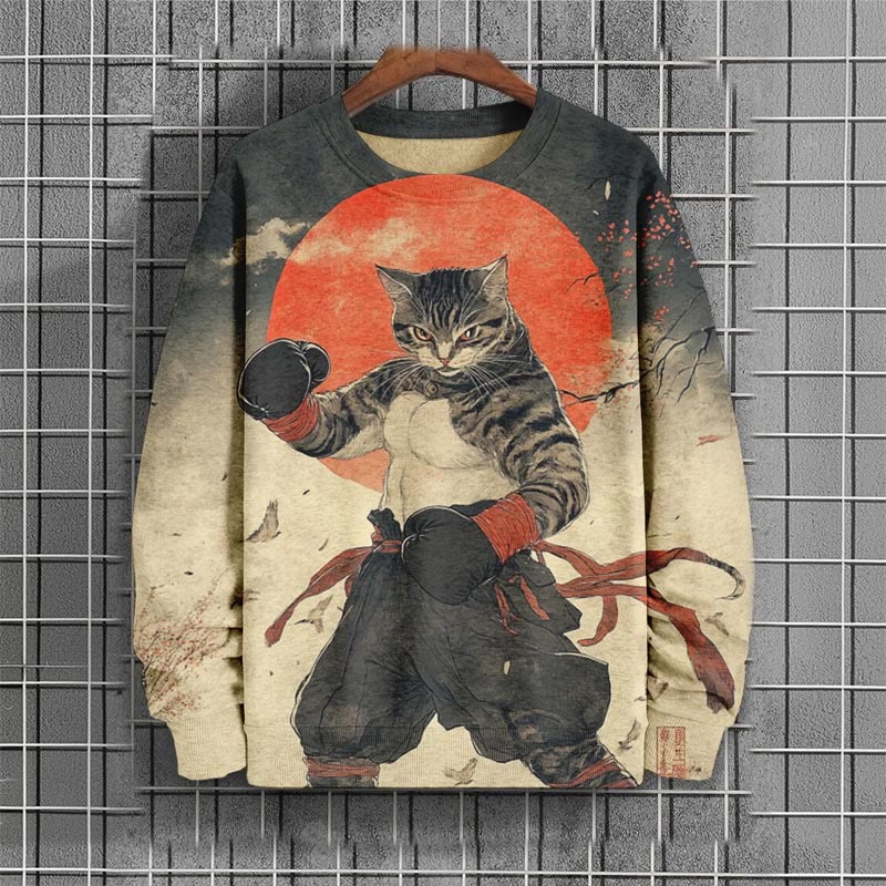 Men's Casual Samurai Cat Print Long Sleeve Sweatshirt - Apricot - 6XL - image 1