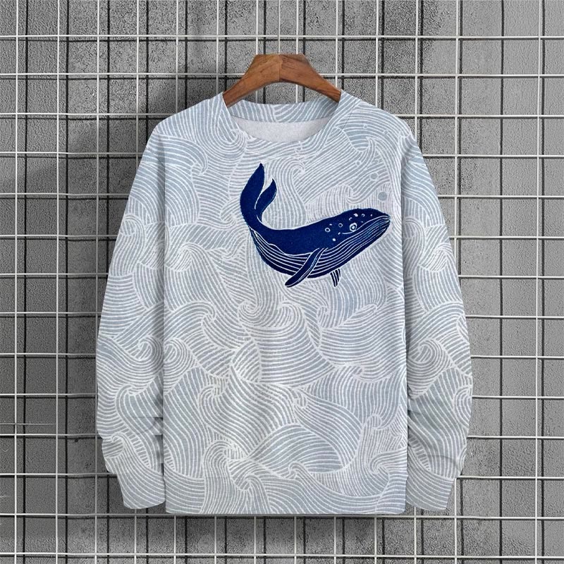 Men's Casual Wavy Whale Print Long Sleeve Sweatshirt - Light Blue - 6XL - image 1