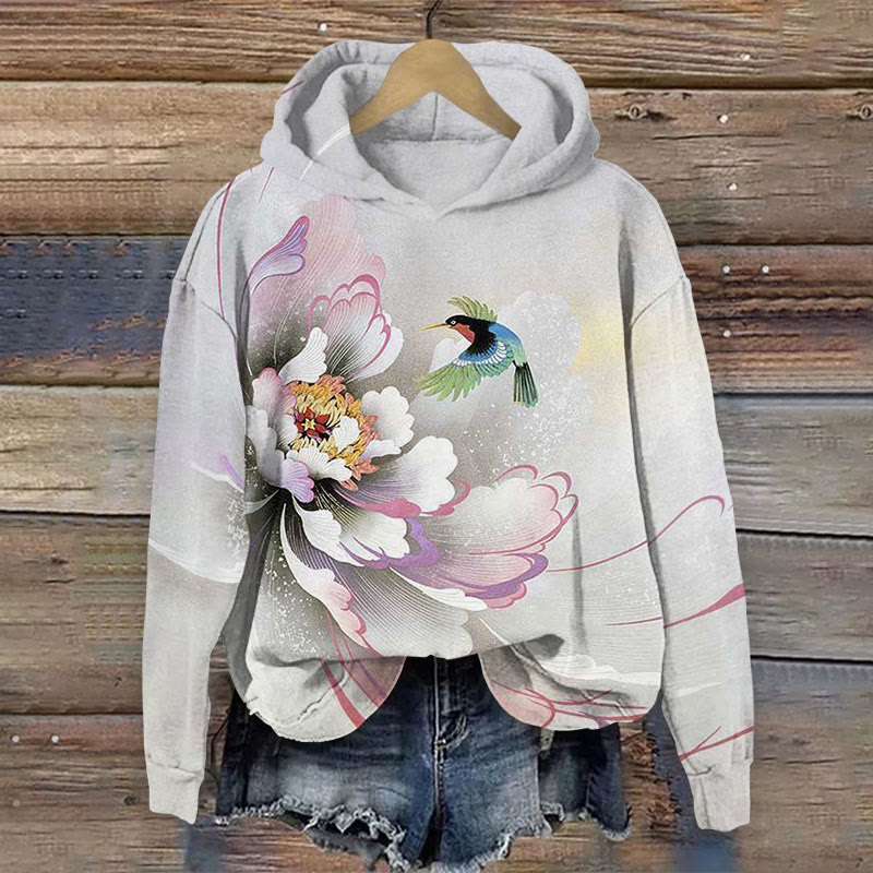 Lotus And Bird Print Long-Sleeved Hoodie - Grey - US44-46(8XL) - image 1