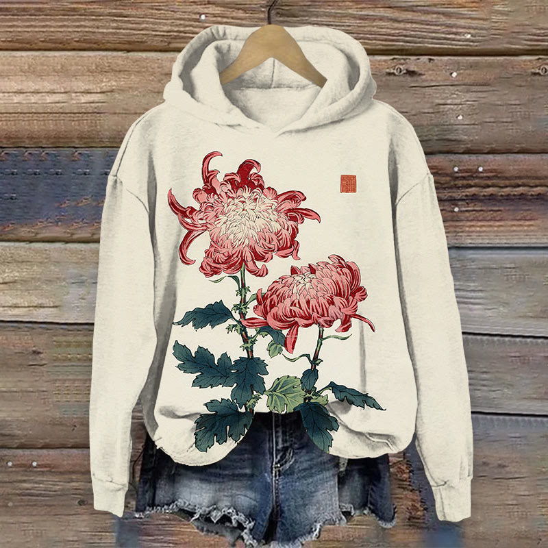 Floral Art Print Long Sleeve Hoodie - Apricot - US44-46(8XL) - image 1