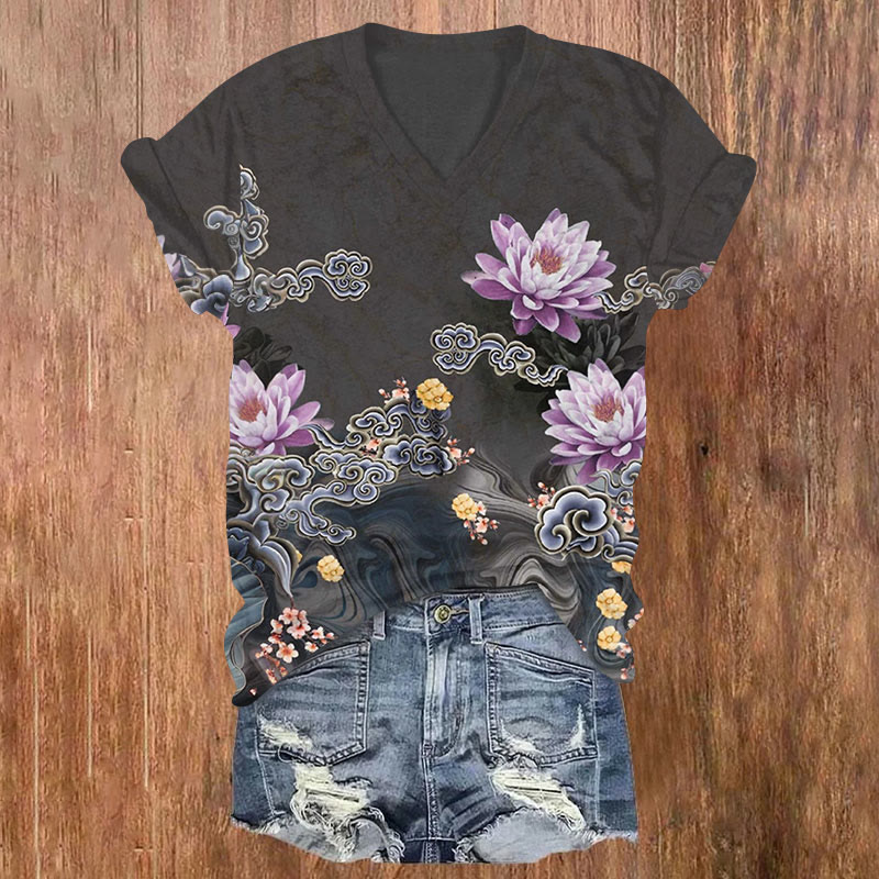 Romantic Purple Floral Print Short Sleeve V-Neck T-Shirt - Grey - US32-34(5XL) - image 2