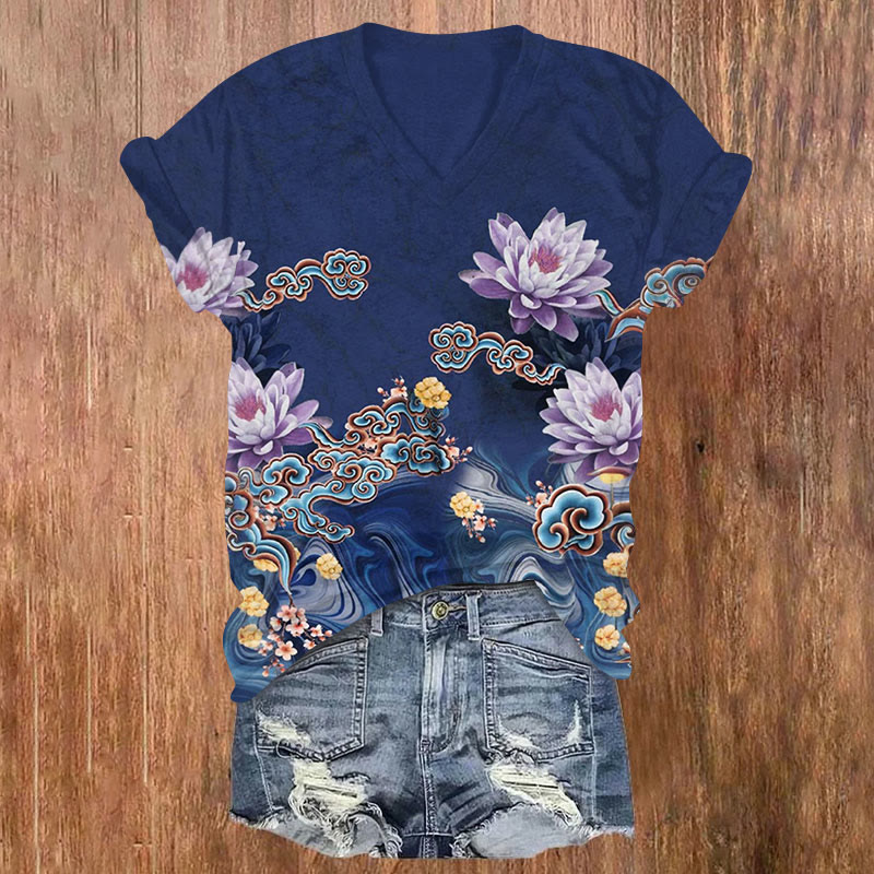 Romantic Purple Floral Print Short Sleeve V-Neck T-Shirt - Dark Blue - US32-34(5XL) - image 1