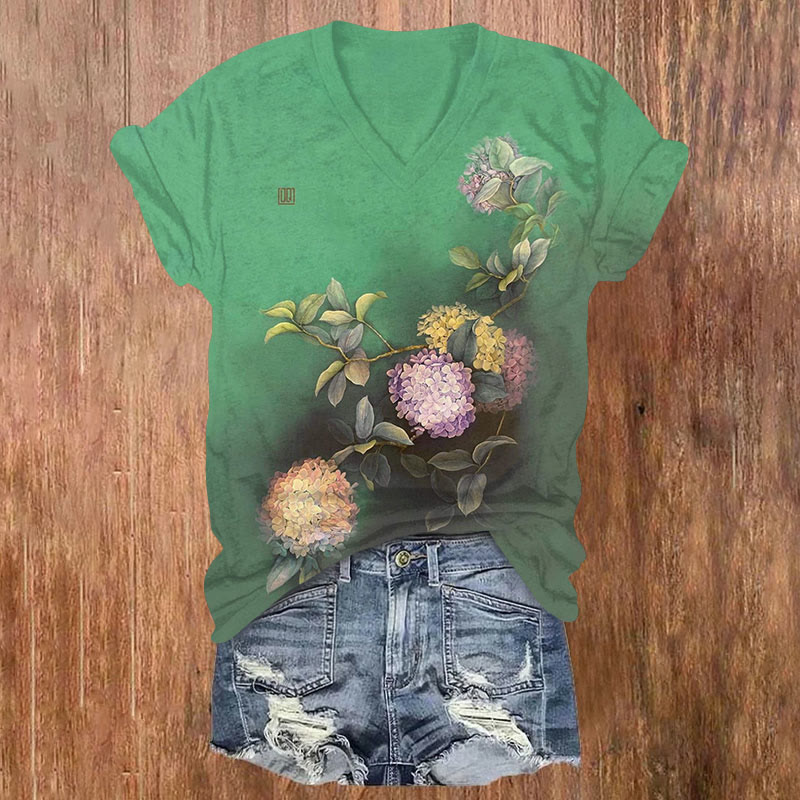 Retro Floral Print Short Sleeved V-Neck T-Shirt - Green - US32-34(5XL) - image 1