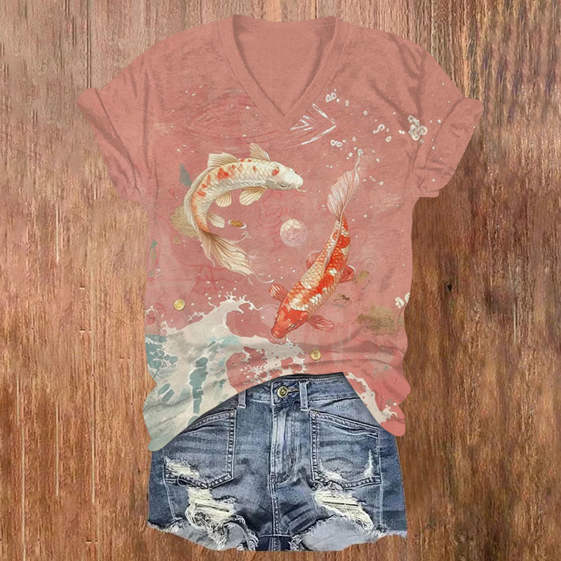 Japanese Koi Fish Art Pattern Short Sleeved V-Neck T-Shirt - Pink - US32-34(5XL) - image 1