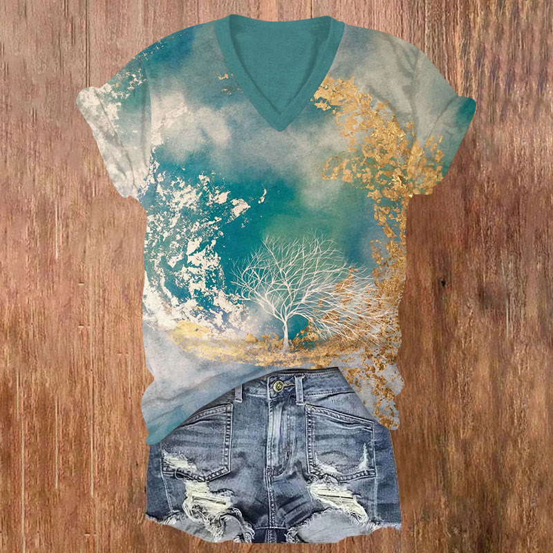 Retro Landscape Art Pattern Short Sleeved V-Neck T-Shirt - Green - US32-34(5XL) - image 1