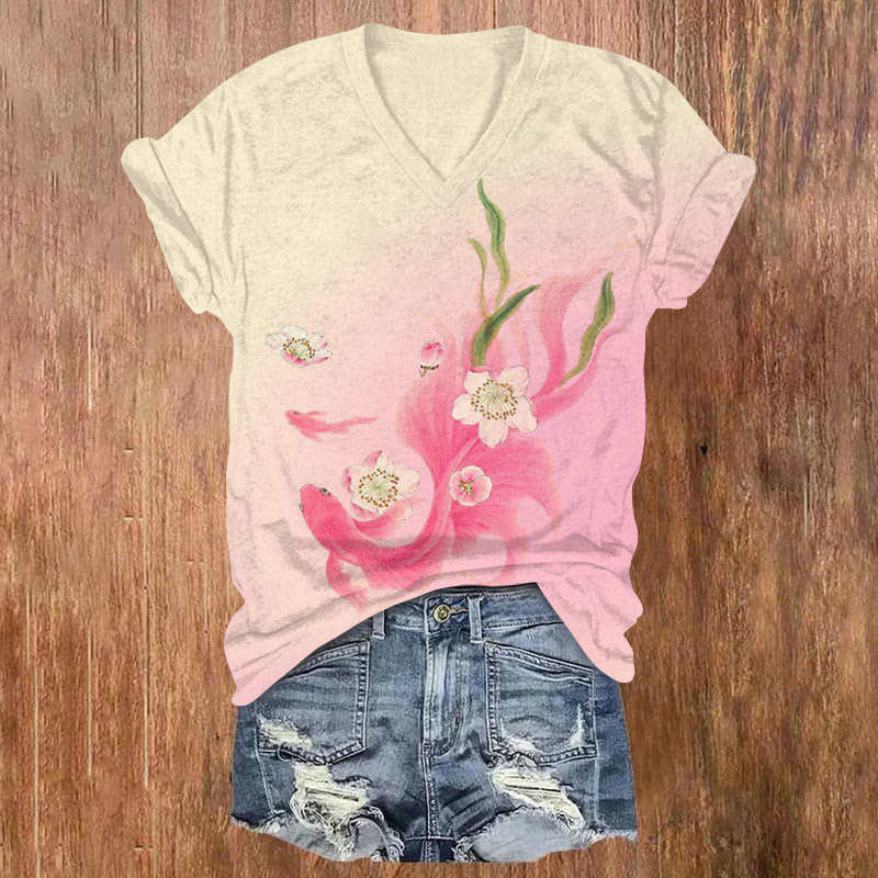 Koi Art Pattern Short Sleeved V-Neck T-Shirt - Apricot - US32-34(5XL) - image 1