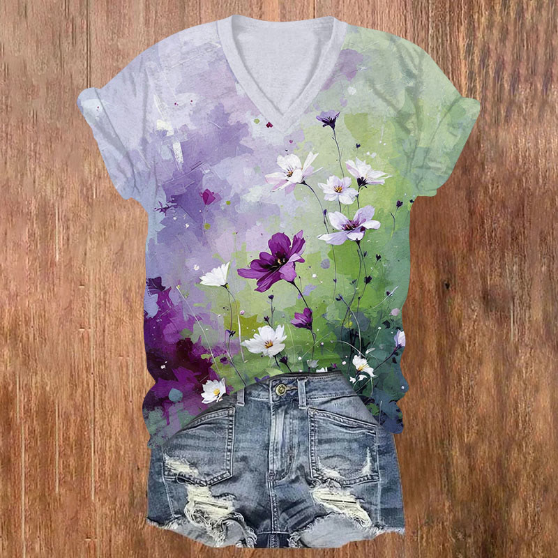Romantic Colorful Floral Art Patterns Short Sleeved V-Neck T-Shirt - Purple - US32-34(5XL) - image 1