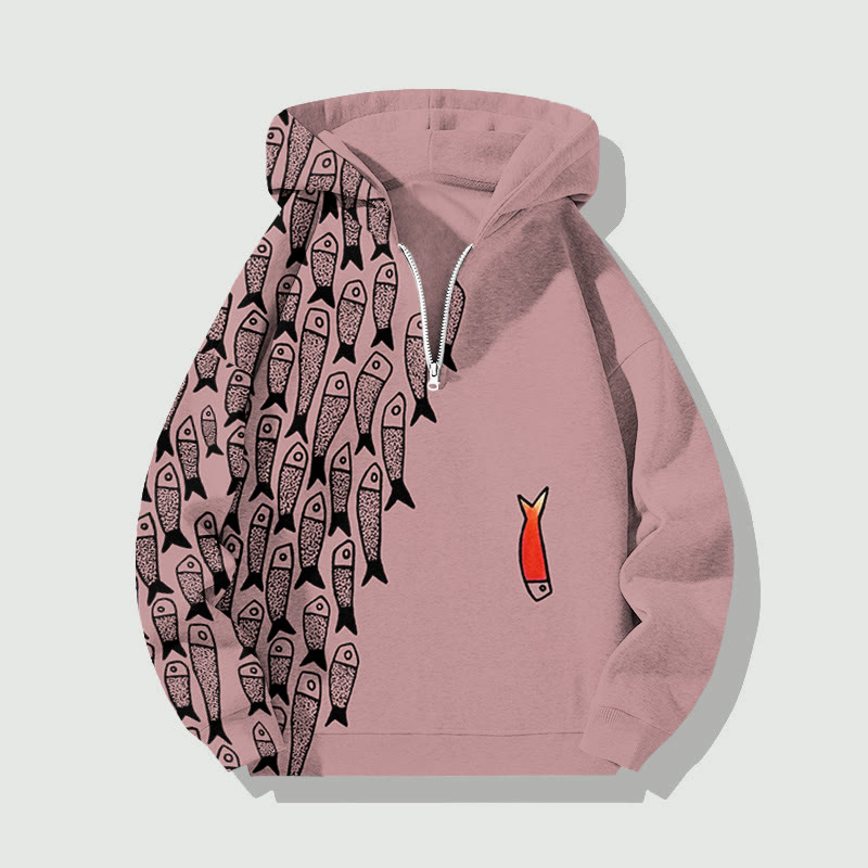Unisex Simple Lines Abstract Geometric Fish Half Zip Hoodie - Pink - US32-34(5XL) - image 2
