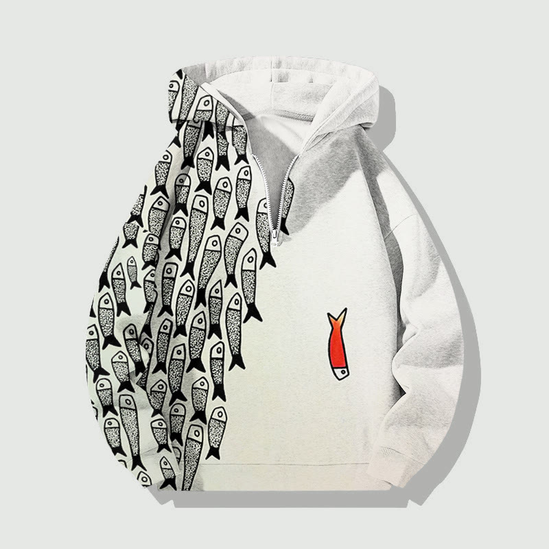 Unisex Simple Lines Abstract Geometric Fish Half Zip Hoodie - White - US32-34(5XL) - image 1